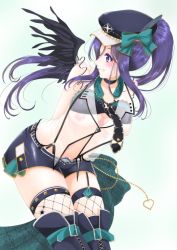 Rule 34 | 1girl, aqua background, blush, breasts, character request, cleavage, copyright request, feathers, fishnets, frapowa, garter straps, hat, high ponytail, medium breasts, navel, nipples, ponytail, purple eyes, purple hair, see-through, short shorts, shorts, single garter strap, smile, solo, wings