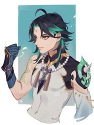 Rule 34 | 1boy, ahoge, arm tattoo, armor, asymmetrical clothes, bead necklace, beads, black hair, clenched hand, cropped torso, facial mark, forehead mark, genshin impact, green hair, highres, jewelry, k young03, male focus, multicolored hair, necklace, shoulder armor, simple background, sleeveless, solo, spikes, tassel, tattoo, upper body, xiao (genshin impact), yellow eyes