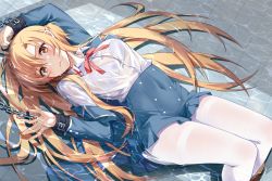 Rule 34 | 1girl, asuna (sao), bdsm, blonde hair, blue bra, blush, bondage, bound, bra, braid, breasts, chain, chained, chained wrists, clothes lift, cuffs, devil heavens, female focus, highres, jacket, large breasts, long hair, looking at viewer, lying, lying on water, on back, on floor, open clothes, open jacket, pantyhose, partially submerged, prisoner, red ribbon, ribbon, ryona, school uniform, see-through, see-through shirt, shackles, skirt, skirt lift, solo, sword art online, underwear, uniform, water, wet, wet clothes, white pantyhose, worried, yellow eyes