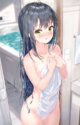 Rule 34 | 1girl, absurdres, bare shoulders, bathing, black hair, blurry, blurry background, blush, breast hold, breasts, breasts out, cleavage, collarbone, completely nude, covering privates, ear focus, green eyes, highres, large breasts, long hair, looking at viewer, mole, mole on armpit, mole on breast, na kyo, nude, nude cover, open mouth, original, shiny skin, smile, solo, towel, very long hair, wet, wet hair