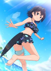 Rule 34 | 1girl, absurdres, bare arms, bare legs, bare shoulders, barefoot, bikini, bikini skirt, black bikini, black eyes, black hair, blue sky, bracelet, commentary request, day, dutch angle, feet, head wings, highres, jewelry, kemono friends, lens flare, looking at viewer, outdoors, palm tree, shiraha maru, short hair, skirt, sky, smile, soles, solo, sunlight, superb bird-of-paradise (kemono friends), swimsuit, tail, tree, wading, water, water drop, wings