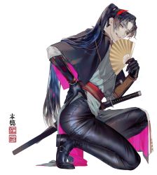 Rule 34 | artist name, bishounen, black capelet, black gloves, black hair, black pants, capelet, check copyright, commentary request, copyright request, from side, full body, gloves, hand fan, hand on own hip, hand up, highres, holding, holding fan, identity v, katana, long hair, looking at viewer, male focus, multicolored capelet, pants, pink capelet, ponytail, sheath, sheathed, simple background, smile, solo, sword, wadani hitonori, weapon, white background