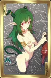 Rule 34 | 1girl, armlet, ass, bandaid, bandaids on nipples, blush, breasts, card (medium), choker, collarbone, cropped jacket, cropped legs, green hair, horns, long hair, looking at viewer, navel, nude, pasties, pixiv fantasia, pixiv fantasia 5, pointy ears, red eyes, ryuuzaki ichi, small breasts, solo, tail