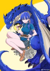 Rule 34 | 1girl, absurdres, bare legs, between legs, blue dress, blue eyes, blue hair, blue theme, bracelet, braid, breasts, brown footwear, china dress, chinese clothes, chinese zodiac, closed mouth, dragon, dress, drooling, eating, food, grey shorts, hair over one eye, hand up, highres, holding, holding food, holding plate, hungry, jewelry, jun (navigavi), knees up, long hair, looking at another, looking at hand, medium breasts, orb, original, plate, pointy ears, short sleeves, shorts, shorts under dress, side braid, sitting, skin tight, smile, toggles, twintails, twitter username, weibo logo, weibo watermark, western dragon, wristband, year of the dragon, yellow background, yellow eyes