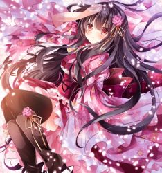 Rule 34 | 1girl, amelie-san (nogi takayoshi), black hair, black thighhighs, boots, cherry blossoms, flower, frilled kimono, frills, hair flower, hair ornament, hair ribbon, hand on own head, high heel boots, high heels, japanese clothes, kimono, long hair, looking at viewer, lying, nogi takayoshi, on back, original, red eyes, ribbon, sleeves past wrists, solo, thighhighs, very long hair, zettai ryouiki