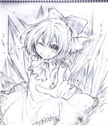 Rule 34 | circled 9, 1girl, blush, bow, cirno, female focus, hair bow, looking at viewer, monochrome, nora wanko, one eye closed, short hair, smile, solo, touhou, wink