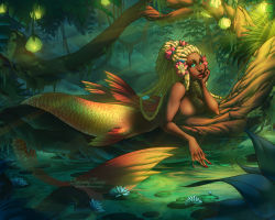 Rule 34 | 1girl, artist name, artofcarmen, blonde hair, blue eyes, branch, breast press, breasts, carmen torres, cleavage, completely nude, dark-skinned female, dark skin, dreadlocks, female focus, fins, flower, glowing, hair flower, hair ornament, head rest, jungle, large breasts, light particles, light rays, lily pad, lips, lipstick, long hair, lying, makeup, mermaid, monster girl, moss, nail polish, nature, nude, on stomach, original, outdoors, plant, ponytail, red nails, ripples, scales, solo, sunbeam, sunlight, vines, water, watermark, web address, webbed hands