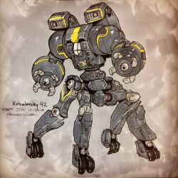 Rule 34 | arm cannon, character name, commentary, copyright name, dated, david a white, english commentary, full body, highres, kobalevsky 42, mecha, no humans, robot, robot jox, science fiction, signature, sketch, star (symbol), weapon