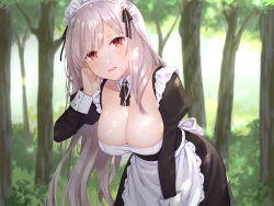 Rule 34 | 1girl, :d, apron, black dress, black ribbon, blush, breasts, cleavage, detached collar, dress, frills, hair ribbon, highres, kon (k0n16), large breasts, leaning forward, long hair, long sleeves, looking at viewer, maid, maid apron, maid headdress, neck ribbon, non-web source, open mouth, original, outdoors, puffy sleeves, red eyes, ribbon, silver hair, skindentation, smile, solo, swept bangs, waist apron, white apron, wrist cuffs