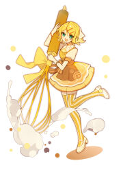 Rule 34 | 1girl, absurdres, apron, blonde hair, blue eyes, blush, bow, choker, cream, dress, frills, gloves, hair ornament, hairclip, highres, holding, holding whisk, kagamine rin, looking at viewer, mary janes, open mouth, oversized whisk, puffy short sleeves, puffy sleeves, shoes, short hair, short sleeves, simple background, smile, solo, standing, standing on one leg, striped clothes, striped thighhighs, sweet magic (vocaloid), thighhighs, vocaloid, whisk, xzorq