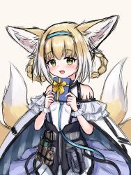Rule 34 | 1girl, :d, absurdres, animal ear fluff, animal ears, arknights, bare shoulders, blue hairband, blue skirt, blush, box, braid, braided hair rings, breasts, brown background, fox ears, fox girl, fox tail, gift, gift box, green eyes, hair rings, hairband, hands up, highres, holding, holding gift, kitsune, looking at viewer, material growth, open mouth, oripathy lesion (arknights), pleated skirt, rylaera, shirt, simple background, skirt, small breasts, smile, solo, suzuran (arknights), tail, twin braids, white shirt