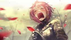 Rule 34 | 1girl, artist name, bare tree, big boss, big boss (cosplay), black gloves, blurry, blush, braid, camouflage, closed eyes, commentary, cosplay, crying, depth of field, earrings, fingerless gloves, flower, flower earrings, gloves, hikosan, honma himawari, jewelry, metal gear (series), metal gear solid 3: snake eater, military, military uniform, nijisanji, open mouth, outdoors, parody, petals, pink hair, sad, short hair, signature, solo, sunflower, tactical clothes, tree, uniform, upper body, virtual youtuber