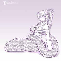 Rule 34 | 10s, 1girl, :d, breasts, cleavage, fangs, full body, gradient background, hair ornament, hairclip, lamia, lineart, long hair, looking at viewer, medium breasts, miia (monster musume), monochrome, monster girl, monster musume no iru nichijou, off shoulder, open mouth, patreon, pointy ears, ponytail, purple theme, scales, scorpdk, sitting, slit pupils, smile, solo, watermark
