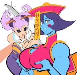 Rule 34 | 2girls, bare shoulders, blue skin, blush stickers, grabbing another&#039;s breast, breasts, chinese clothes, colored skin, flipped hair, grabbing, hat, jiangshi, large breasts, lei lei, multiple girls, purple hair, q-bee, qingdai guanmao, revealing clothes, short hair, vampire (game), watatanza