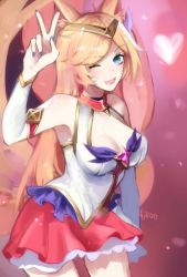 Rule 34 | 1girl, ahri (league of legends), animal ears, breasts, cleavage, fox ears, fox girl, gloves, highres, league of legends, looking at viewer, magical girl, purple eyes, skirt, smile, solo, star guardian (league of legends), star guardian ahri, tiara, wink