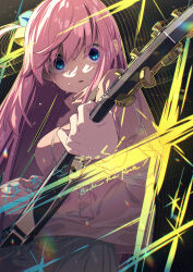 Rule 34 | 1girl, absurdres, blue eyes, bocchi the rock!, commentary request, copyright name, cowboy shot, cube hair ornament, goshichi shoji, gotoh hitori, guitar, hair between eyes, hair ornament, highres, holding, holding instrument, instrument, jacket, long hair, long sleeves, open mouth, pink hair, pink jacket, pleated skirt, revision, skirt, solo, sweatdrop, track jacket