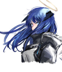 Rule 34 | 1girl, arknights, black coat, blue eyes, blue hair, closed mouth, coat, commentary, cropped torso, demon horns, halo, highres, horns, long hair, looking at viewer, mostima (arknights), na tarapisu153, shirt, simple background, solo, upper body, white background, white shirt