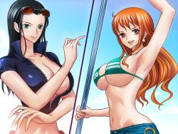 Rule 34 | 2girls, arm up, armpits, bare arms, bare shoulders, bikini, bikini top only, black hair, breasts, cleavage, closed mouth, crop top, earrings, gradient background, green eyes, jewelry, kodamashi, large breasts, long hair, looking at viewer, multiple girls, nami (one piece), navel, nico robin, one piece, open mouth, orange hair, red eyes, simple background, smile, standing, sunglasses, sunglasses on head, swimsuit, underboob, upper body, zipper