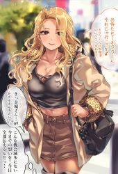 1girl, absurdres, bag, blonde hair, boots, commentary request, crop top, earrings, eyebrows visible through hair, eyes visible through hair, focused, gyaru, hair over one eye, hand in pocket, handbag, highres, jacket, jaguar print, jewelry, kinjyou (shashaki), kogal, light particles, lightning bolt earrings, looking at viewer, midriff, multiple earrings, navel piercing, necklace, original, outdoors, piercing, pov, ring, shashaki, skirt, thigh boots, thighhighs, translation request, yellow eyes