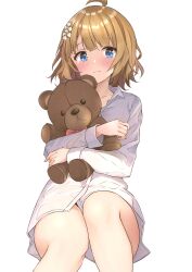 Rule 34 | 1girl, absurdres, ahoge, b1ack illust, bare legs, blue eyes, blush, brown hair, closed mouth, collarbone, commentary, crying, flower, hair flower, hair ornament, highres, holding, holding stuffed toy, idolmaster, idolmaster million live!, legs, long sleeves, looking at viewer, shirt, short hair, solo, stuffed animal, stuffed toy, suou momoko, tearing up, teddy bear, thighs, wavy hair, wavy mouth, white background, white shirt