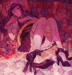 Rule 34 | 1girl, apple, black hair, candle, checkered floor, collar, cushion, dress, eyepatch, flower, food, fruit, headwear request, high heels, highres, jewelry, long hair, lying, mika pikazo, on back, open mouth, original, red eyes, ring, rose, solo, stuffed animal, stuffed toy, teddy bear, thighhighs, white thighhighs