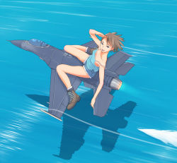 Rule 34 | 1girl, afterburner, aircraft, airplane, boots, camisole, cutoffs, denim, denim shorts, f-16, fighter jet, flash tomo, flying, giant, giantess, jet, military, military vehicle, off shoulder, original, purple eyes, salute, shadow, shorts, smile, solo, strap slip, vehicle focus