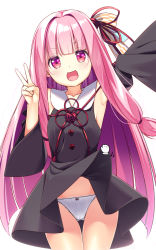 Rule 34 | 1girl, arm up, armpits, black dress, black sleeves, clothes lift, cursor, detached sleeves, dress, dress lift, gluteal fold, hair intakes, hand cursor, kotonoha akane, lifting another&#039;s clothes, long hair, open mouth, panties, pink eyes, pink hair, ribbon, short dress, simple background, smile, solo, thigh gap, thighs, underwear, usume shirou, v, very long hair, voiceroid, waving, white background, white panties