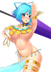 Rule 34 | 1girl, alternate breast size, alternate costume, alternate hairstyle, areola slip, arm up, armlet, armpits, belly, blue eyes, blue hair, blush, bouncing breasts, bracelet, breasts, cleavage, closed umbrella, cowboy shot, dancer, dancing, detached collar, forehead jewel, gradient hair, hatchet, heterochromia, highres, hitotsuki nebura, jewelry, large breasts, looking at viewer, matching hair/eyes, multicolored hair, navel, no bra, nose blush, oil-paper umbrella, pelvic curtain, ponytail, purple hair, red eyes, revealing clothes, sarong, short hair, solo, sparkle, sweat, tatara kogasa, thighlet, tongue, tongue out, touhou, two-tone hair, umbrella, underboob, white background