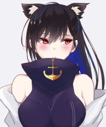 Rule 34 | 1girl, animal ears, azur lane, bare shoulders, black hair, blush, breasts, cat ears, commentary request, hair between eyes, highres, kemonomimi mode, large breasts, long hair, looking at viewer, masanobu (wgzc2-5freedom2), mole, mole under eye, red eyes, solo, upper body, west virginia (azur lane)