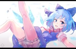 Rule 34 | 1girl, :o, bare arms, bloomers, blouse, blue dress, blue eyes, blue hair, blush, bow, breasts, cirno, dress, dress shirt, eyelashes, falling, feet out of frame, floating hair, grin, hair bow, hyakunin momoko, ice, ice wings, letterboxed, looking to the side, open mouth, outstretched arms, puffy short sleeves, puffy sleeves, red neckwear, red ribbon, ribbon, shiny clothes, shirt, short hair, short sleeves, signature, simple background, small breasts, smile, solo, tareme, teeth, thighs, touhou, underwear, water, water drop, white background, white shirt, wings