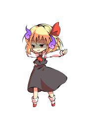 Rule 34 | 1girl, arms up, ascot, black eyes, blonde hair, chibi, collar, collared shirt, dairi, full body, ghost, grey skirt, grey vest, hair between eyes, hair ribbon, hands up, long skirt, long sleeves, looking to the side, open mouth, red ascot, red eyes, red footwear, red ribbon, ribbon, rumia, shaded face, shirt, shoes, short hair, simple background, skirt, smile, smug, socks, solo, standing, tachi-e, touhou, transparent background, vest, white background, white shirt, white sleeves, white socks