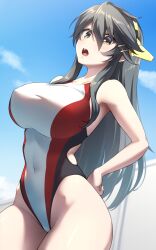 1girl absurdres alternate_costume bare_shoulders black_hair black_one-piece_swimsuit breasts brown_eyes commission competition_swimsuit covered_navel cowboy_shot hair_ornament hairband hairclip haruna_(kancolle) headgear highres kantai_collection large_breasts long_hair looking_at_viewer multicolored_clothes multicolored_swimsuit one-piece_swimsuit open_mouth pataneet red_one-piece_swimsuit skeb_commission sky solo swimsuit white_one-piece_swimsuit