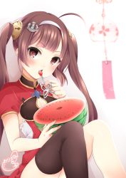 Rule 34 | 1girl, absurdres, ahoge, anchor hair ornament, azur lane, black thighhighs, blunt bangs, blush, breasts, brown eyes, brown hair, china dress, chinese clothes, cleavage, cleavage cutout, clothing cutout, commentary request, dress, eating, food, fruit, fruit cup, hair ornament, hairband, hairpods, highres, holding, holding food, holding fruit, holding spoon, knees up, long hair, looking at viewer, open mouth, origami aya, ping hai (azur lane), red dress, sidelocks, signature, simple background, single thighhigh, sitting, small breasts, solo, spoon, thighhighs, twintails, very long hair, watermelon, white background, white hairband, wind chime