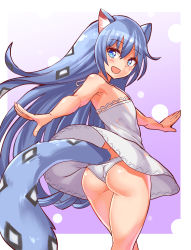 Rule 34 | 1girl, animal ears, ass, bare shoulders, blue eyes, blue hair, blush, cat ears, cat tail, clothes lift, cougar (cougar1404), dress, dress lift, flat chest, from behind, long hair, looking at viewer, looking back, open mouth, original, panties, shiny skin, short dress, smile, solo, tail, underwear, wedgie