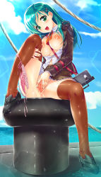 Rule 34 | 10s, 1girl, absurdres, blush, breasts, censored, clothes lift, day, green eyes, hair ornament, hairclip, highres, kantai collection, large breasts, long hair, looking at viewer, mosaic censoring, nipples, open clothes, open mouth, open shirt, panties, panties around leg, pussy, pussy juice, sakaki maki, school uniform, shirt, side-tie panties, skirt, skirt lift, solo, spread legs, spread pussy, suzuya (kancolle), thighhighs, underwear, untied