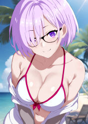 Rule 34 | 1girl, absurdres, bikini, blurry, blurry background, blush, breasts, cleavage, curio (curiofinity), fate/grand order, fate (series), glasses, hair over eyes, hair over one eye, highres, large breasts, light purple hair, long bangs, looking at viewer, mash kyrielight, navel, off shoulder, outdoors, purple eyes, purple tail, smile, solo, stomach, swimsuit