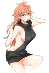 Rule 34 | 1girl, ahoge, aran sweater, arm up, backless dress, backless outfit, bare back, bare shoulders, black sweater, blush, breasts, brown hair, cable knit, closed mouth, dress, earrings, fate/grand order, fate (series), genderswap, genderswap (mtf), green eyes, hair between eyes, hair tie, halterneck, hand in own hair, hand up, jewelry, large breasts, long hair, looking at viewer, meme attire, mouth hold, naked sweater, ribbed sweater, romani archaman, satou (fujisanjj-mesigaumaize), sideboob, simple background, solo, sweatdrop, sweater, sweater dress, turtleneck, turtleneck sweater, virgin killer sweater, white background