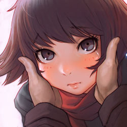 Rule 34 | 1girl, blush, bob cut, brown eyes, brown hair, chromatic aberration, close-up, closed mouth, eyebrows, eyelashes, flipped hair, hands on another&#039;s cheeks, hands on another&#039;s face, ilya kuvshinov, lips, long sleeves, looking at viewer, nonaka haru, out of frame, red scarf, scarf, short hair, yesterday wo utatte