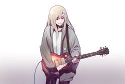 Rule 34 | 1girl, bad id, bad pixiv id, black hair, blonde hair, commentary request, cowboy shot, electric guitar, gradient background, grey background, guitar, hair ornament, hairclip, holding, holding instrument, instrument, jacket, kamameshi gougoumaru, long hair, long sleeves, looking to the side, loose clothes, music, open clothes, open jacket, playing instrument, shirt, smile, solo, white background, white shirt