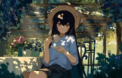 Rule 34 | 1girl, black hair, black skirt, blush, book, brown eyes, chair, closed mouth, commentary request, cup, dappled sunlight, flower, hair between eyes, hat, highres, holding, holding cup, holding saucer, kgt (pixiv12957613), leaf, light rays, long hair, looking at viewer, nib pen (medium), original, outdoors, saucer, scenery, school uniform, shirt, sitting, skirt, smile, solo, straw hat, sunbeam, sunlight, table, tablecloth, traditional media, vase, white shirt