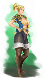 Rule 34 | 1girl, blonde hair, blue eyes, boots, chaos breaker, contrapposto, elf, evetta (chaos breaker), hand on own hip, high ponytail, jacket, open clothes, open shirt, pantyhose, pointy ears, ponytail, shirt, short hair, solo, standing, thigh boots, thighhighs