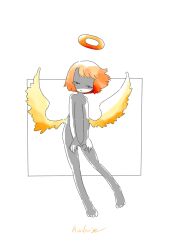 Rule 34 | 1girl, angel, angel wings, artist name, backlighting, barefoot, closed mouth, colored skin, commentary request, completely nude, flat chest, full body, half-closed eyes, halo, highres, jitome, kaduise, looking at viewer, low wings, nude, orange hair, orange halo, original, outside border, short hair, signature, simple background, smile, solo, standing, white background, white skin, wings, yellow wings