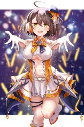 Rule 34 | 1girl, :d, ahoge, arm strap, azur lane, baltimore (azur lane), baltimore (muse) (azur lane), bare shoulders, belt, blurry, blurry background, blush, boots, bow, braid, breasts, brown hair, buckle, center frills, center opening, clothing cutout, collared shirt, commentary request, cowboy shot, crop top, foreshortening, french braid, frills, glint, gloves, glowstick, hair between eyes, hat, headset, heart, heart-shaped buckle, highres, idol, knee boots, large breasts, light particles, looking at viewer, mini hat, navel, navel cutout, official alternate costume, open mouth, orange bow, outstretched arms, panipo, pleated skirt, shirt, short hair, sidelocks, skirt, sleeveless, smile, solo, standing, standing on one leg, thigh strap, underboob, underboob cutout, white belt, white footwear, white gloves, white skirt, yellow eyes