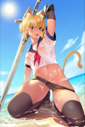 Rule 34 | 1girl, absurdres, animal ears, arm up, armor, artoria pendragon (all), artoria pendragon (fate), belt, belt skirt, blonde hair, breasts, bukkake, cat ears, cat tail, convenient censoring, covered erect nipples, cum, cum on body, cum on clothes, cum on hair, cum on stomach, elbow gloves, fate/stay night, fate (series), female focus, glint, gloves, groin, highres, holding, holding sword, holding weapon, medium breasts, navel piercing, no bra, no panties, outdoors, piercing, runiechan0, saber (fate), school uniform, see-through, serafuku, shirt, skindentation, solo, son trinh, sword, tail, tan, tanline, thighhighs, tongue, tongue out, weapon, wet, wet clothes, wet shirt
