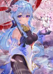 Rule 34 | 1girl, absurdres, ahoge, bare shoulders, bell, black gloves, blue hair, blush, bodystocking, breasts, brown pantyhose, detached sleeves, dress, ganyu (genshin impact), genshin impact, gloves, highres, horns, isuzu (an icy cat), large breasts, long hair, looking at viewer, pantyhose, purple eyes, thighs, white dress