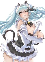 Rule 34 | 1girl, animal ears, bell, black bow, black bowtie, black dress, black tail, blue hair, blurry, blush, bow, bowtie, breast press, breasts, cat ears, cat girl, cat tail, cowboy shot, depth of field, dress, elbow gloves, eyelashes, frilled dress, frills, gloves, goddess of victory: nikke, half-closed eyes, hands up, highres, large breasts, long hair, looking at viewer, maid, maid headdress, neck bell, paw hair ornament, privaty (nikke), privaty (unkind maid) (nikke), shun hayakawa, sidelocks, simple background, solo, standing, sweatdrop, tail, thick thighs, thighs, twintails, white background, white gloves