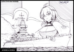 Rule 34 | 1girl, andrea doria (azur lane), andrea doria (battleship), antenna hair, azur lane, battleship, breasts, cape, character name, cleavage, commentary, drill hair, drill sidelocks, emblem, english commentary, graphite (medium), greyscale, hatching (texture), highres, large breasts, long hair, military vehicle, millipen (medium), monochrome, name connection, object namesake, ocean, ship, sidelocks, signature, the general, traditional media, warship, watercraft, white cape