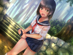 Rule 34 | 1girl, black hair, blue skirt, blush, breasts, covered erect nipples, drying, dutch angle, eyebrows, forest, full-face blush, highres, jirou (chekoro), large breasts, legs, looking at viewer, natsuiro otome, nature, nipples, open mouth, original, outdoors, sailor collar, school uniform, see-through, short hair, skirt, solo, standing, thighs, water, wet, wet clothes, wringing, yellow eyes