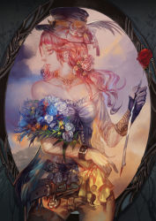Rule 34 | 1girl, afra, bare shoulders, belt, bouquet, bridal gauntlets, collarbone, cowboy shot, detached sleeves, flower, hair flower, hair ornament, hat, hat feather, holding, jewelry, long hair, mirror, necklace, original, pixiv fantasia, pixiv fantasia t, profile, red hair, rose, solo, thigh strap, top hat