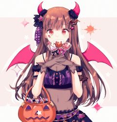 Rule 34 | 1girl, bad id, bad pixiv id, bat hair ornament, brown hair, candy, fake horns, fake wings, food, gloves, hair ornament, highres, holding, horns, idolmaster, idolmaster shiny colors, long hair, looking at viewer, midriff, migolu, navel, pink wings, red eyes, see-through, simple background, solo, sonoda chiyoko, star (symbol), star hair ornament, tareme, two-tone background, wings
